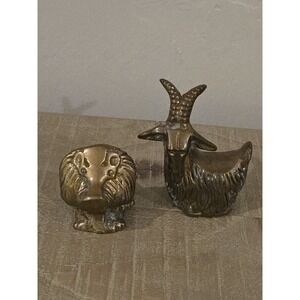 2 Vtg Brass Animals Lion & Ram Small MCM Taiwan Big Horn Sheep 3" Tall Patina